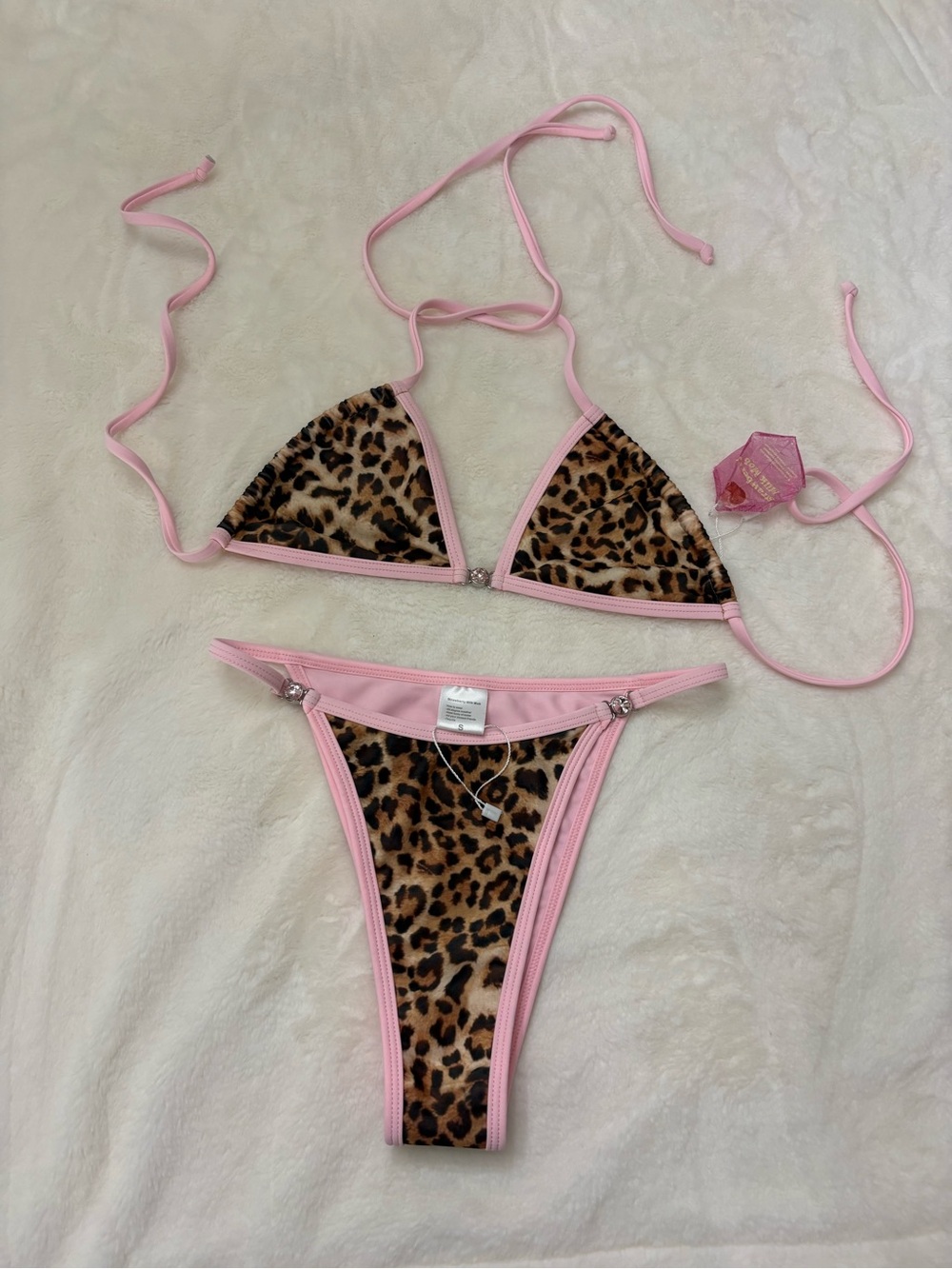 Blueberry Dash Leopard Print Bikini Set NWT Small Pink Gem Cheeky Y2K Swimwear